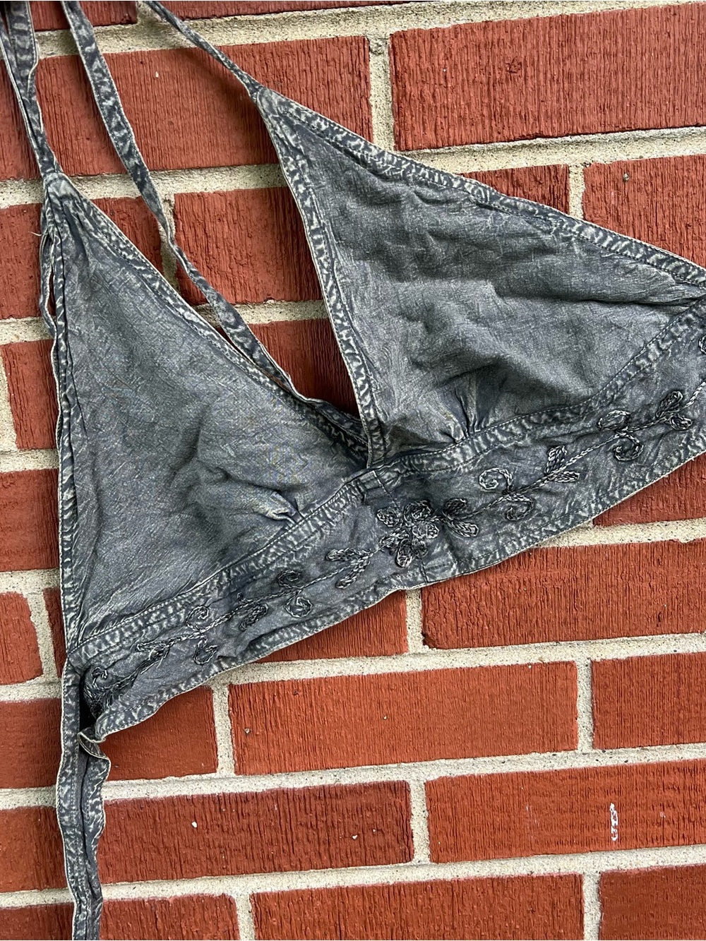Triangle Crop Top Embroidered Bralette Washed Black Embroidered Festival Boho